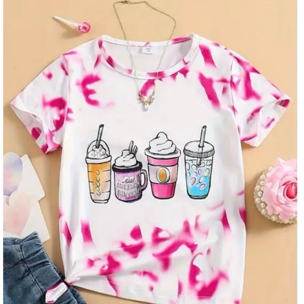 Shein Girls Size 8 Pink Tie Dye Coffee Graphic Tee